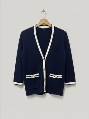 Maje Navy Cardigan with White Trim and Gold Buttons - Classic V-Neck